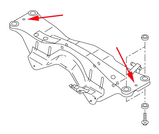 Subframe Lockbolt install for Subaru WRX/STi: Where these two red arrows point to are where the lockout bolts will be installed.