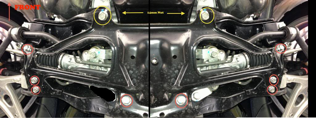 Steering Rack Bushings Install on a 08+ STi: The bolts circled in yellow are secured by nuts on the topside so you will need the 14mm wench as well. 