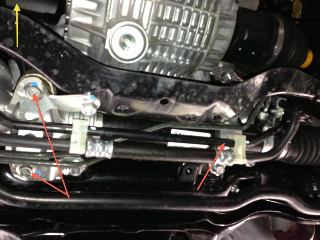 Steering Rack Bushings Install on a 08+ STi: Note the location of the 3 bushings denoted by the red arrows.