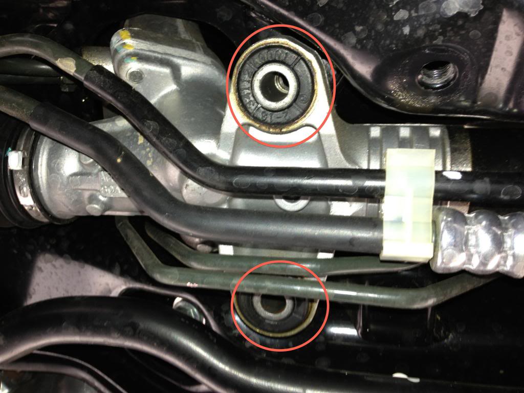 Steering Rack Bushings Install on a 08+ STi: Exact the bushings that are circled in red with the whiteline supplied tool.