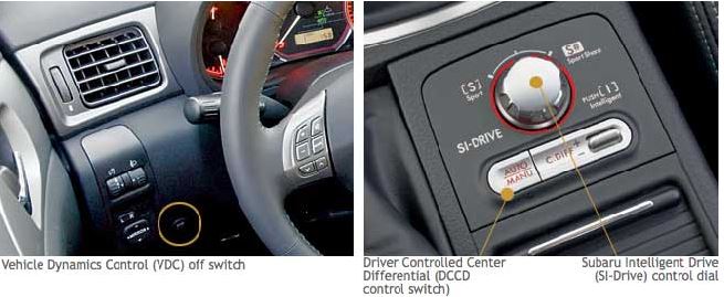Vehicle Dynamics Control: The WRX STI driver also can custom-tailor the level of dynamic intervention offered by VDC. Changes are made by pushing the OFF switch on the dashboard to the left of the steering wheel column.