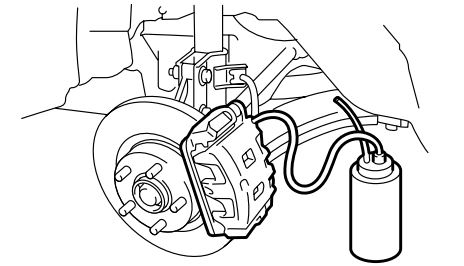 Brake Fluid Flush Subaru: Install one end of a vinyl tube onto the air bleeder and insert the other end of the tube into a container to collect the brake fluid.